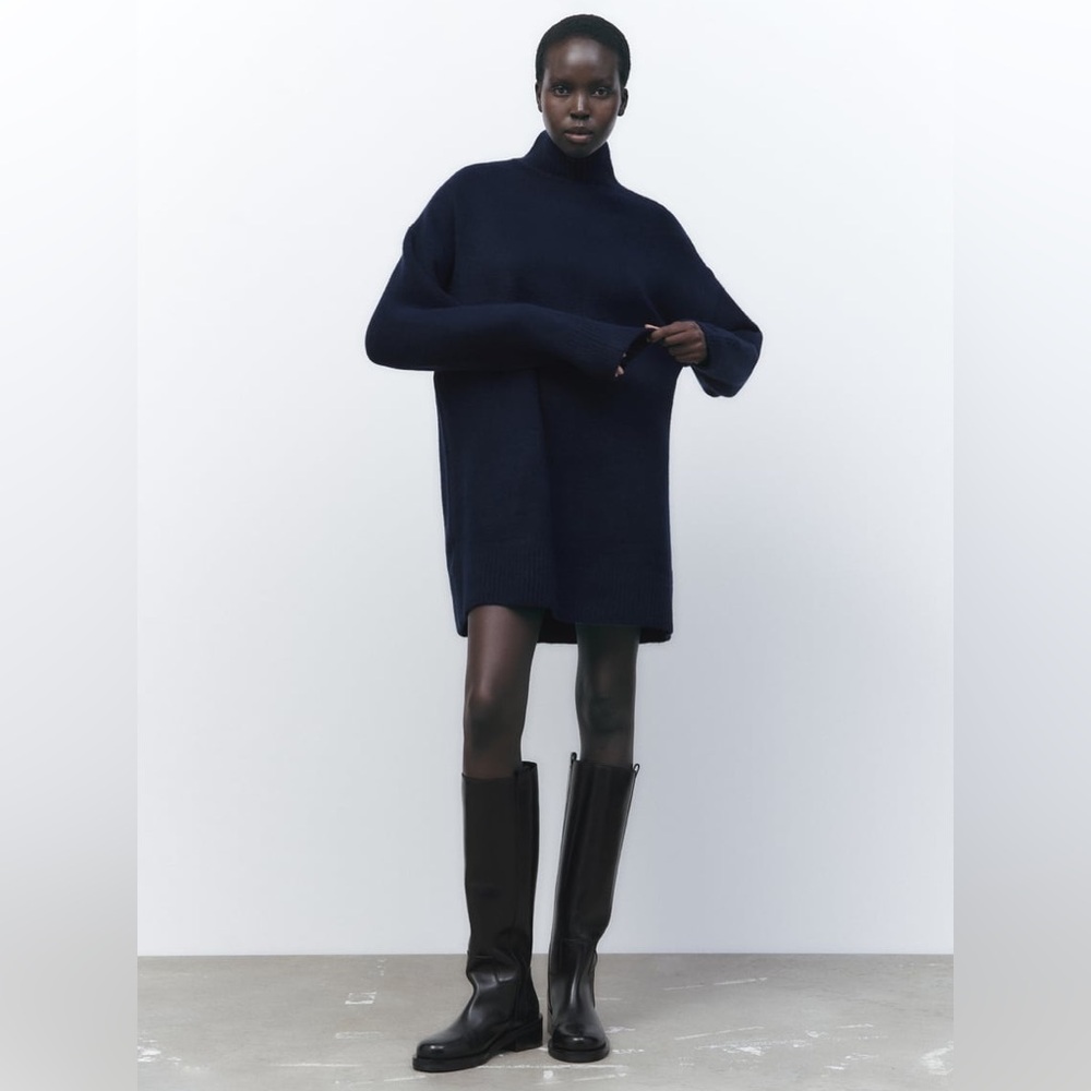 Zara Soft Funnel Neck Navy Blue Swearer Dress- size Small